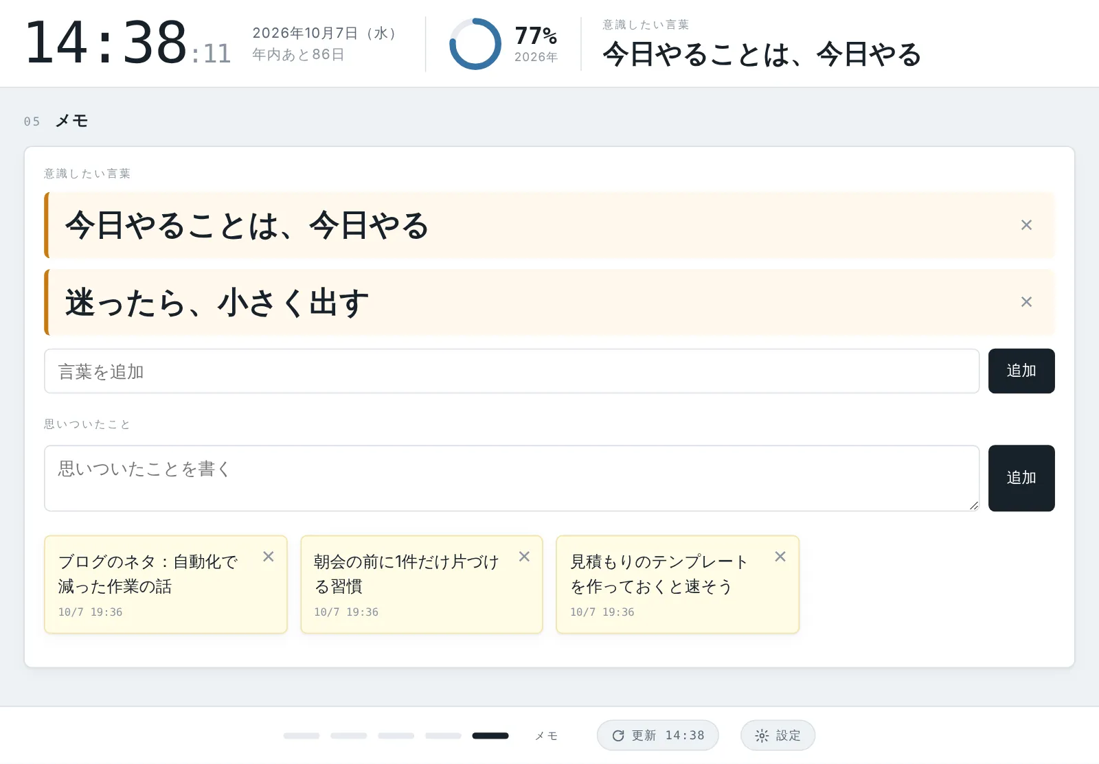 メモのページ。意識したい言葉と、付箋のような思いつきのメモ